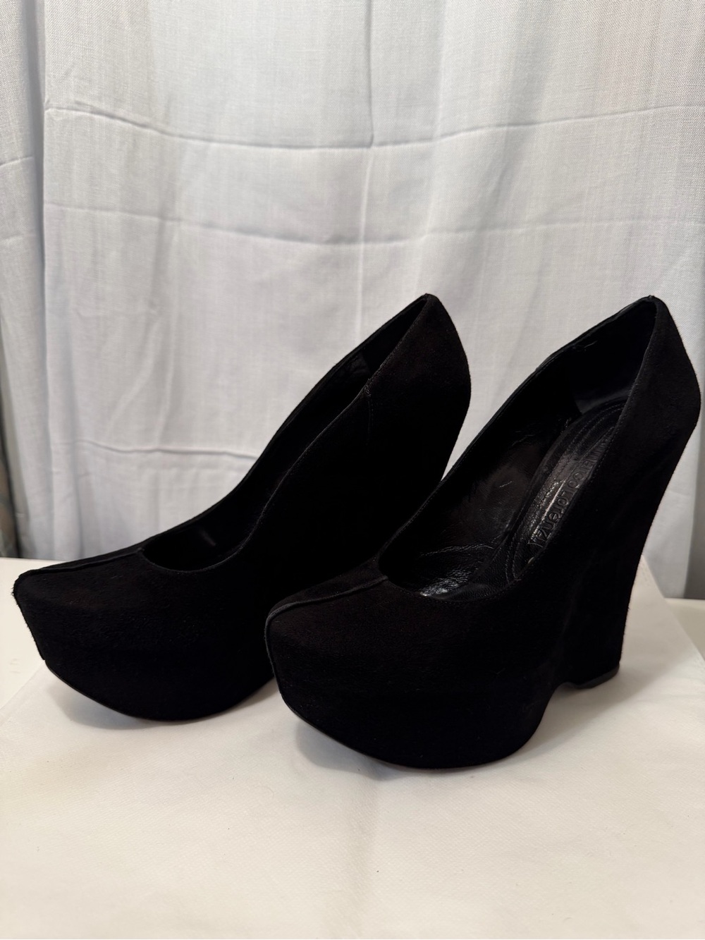 Vintage Gianmarco Lorenzi black suede platform wedge pumps, made in Italy.